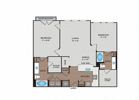 Floor plan for 2 beds, 2 baths, 1150 sqft